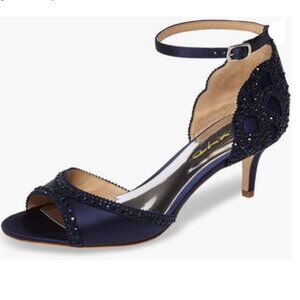 XYD Navy Open Toe Rhinestones Ankle Strap Sandals Low Heel Bridal Evening Shoes
